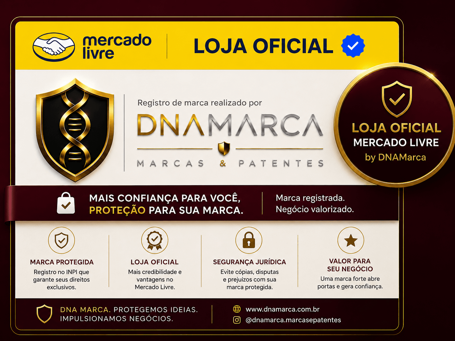 Registro de marca realizado pela DNAmarca, selo de Loja Oficial Mercado Livre